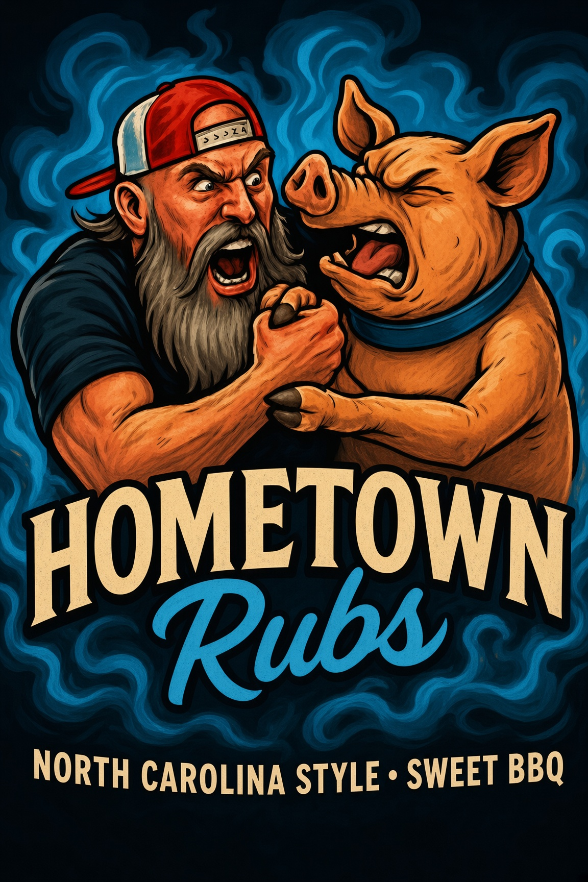HomeTown Rubs Pig Dust label — a bearded pitmaster arm-wrestling a pig